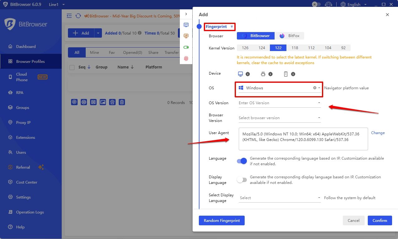 Fingerprint settings in BitBrowser
