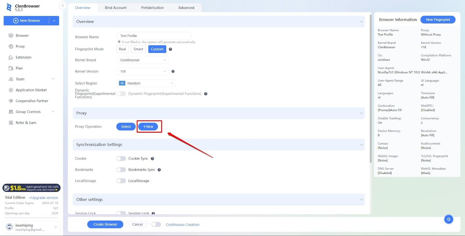 The add proxy button in ClonBrowser