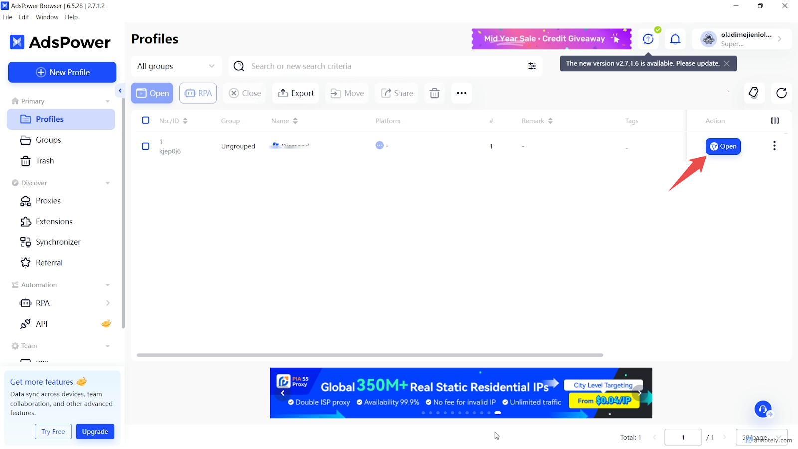 Browser profile on the AdsPower app