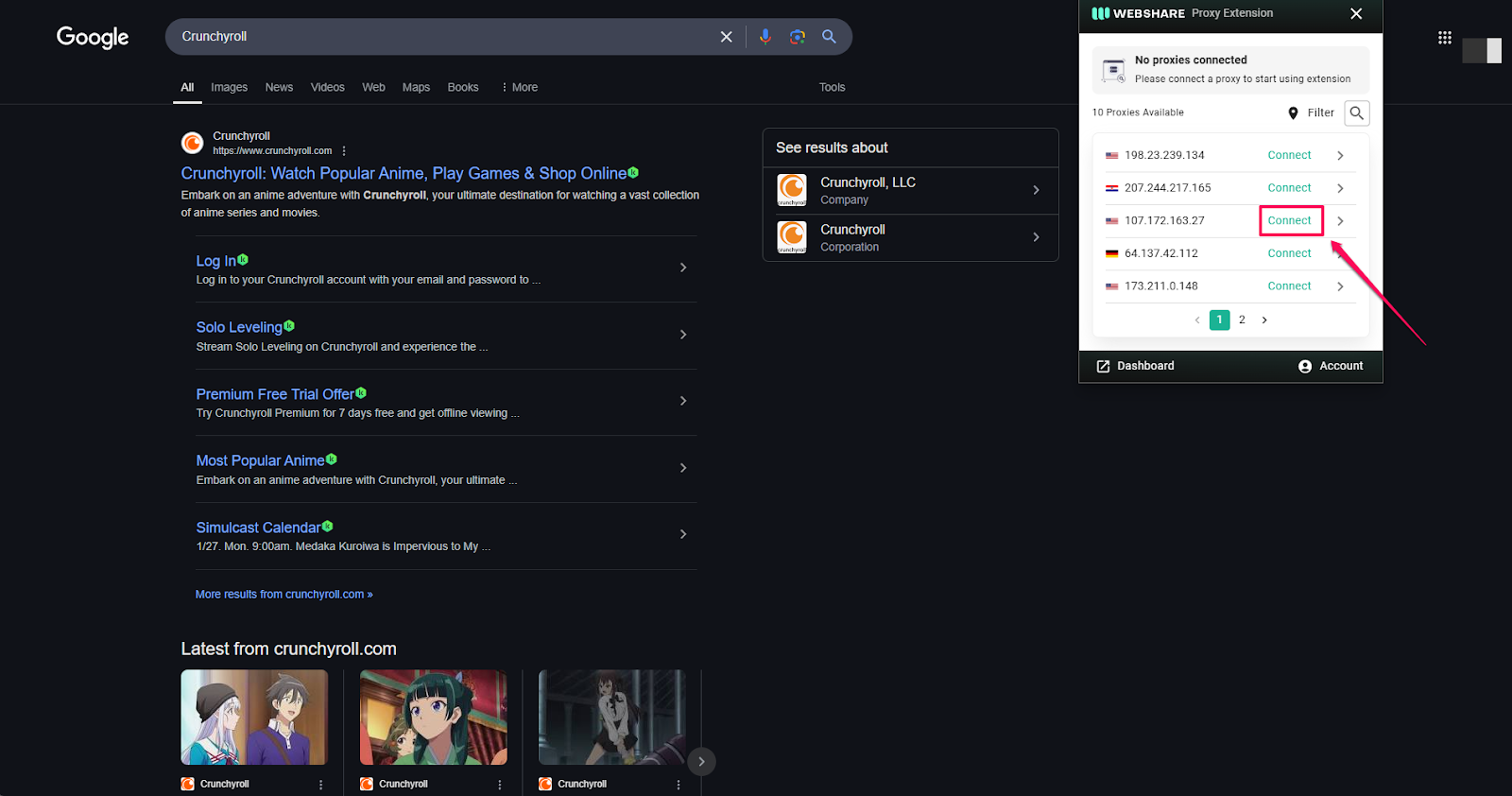 Connecting to a chosen proxy server