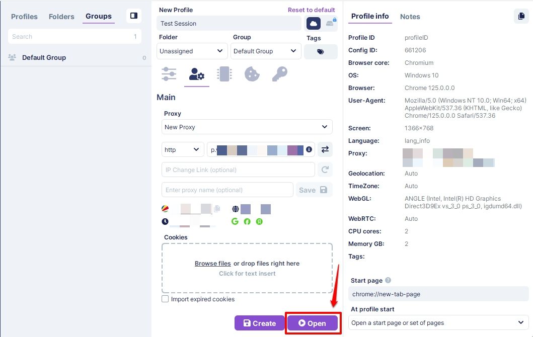 Open button in Undetectable.io