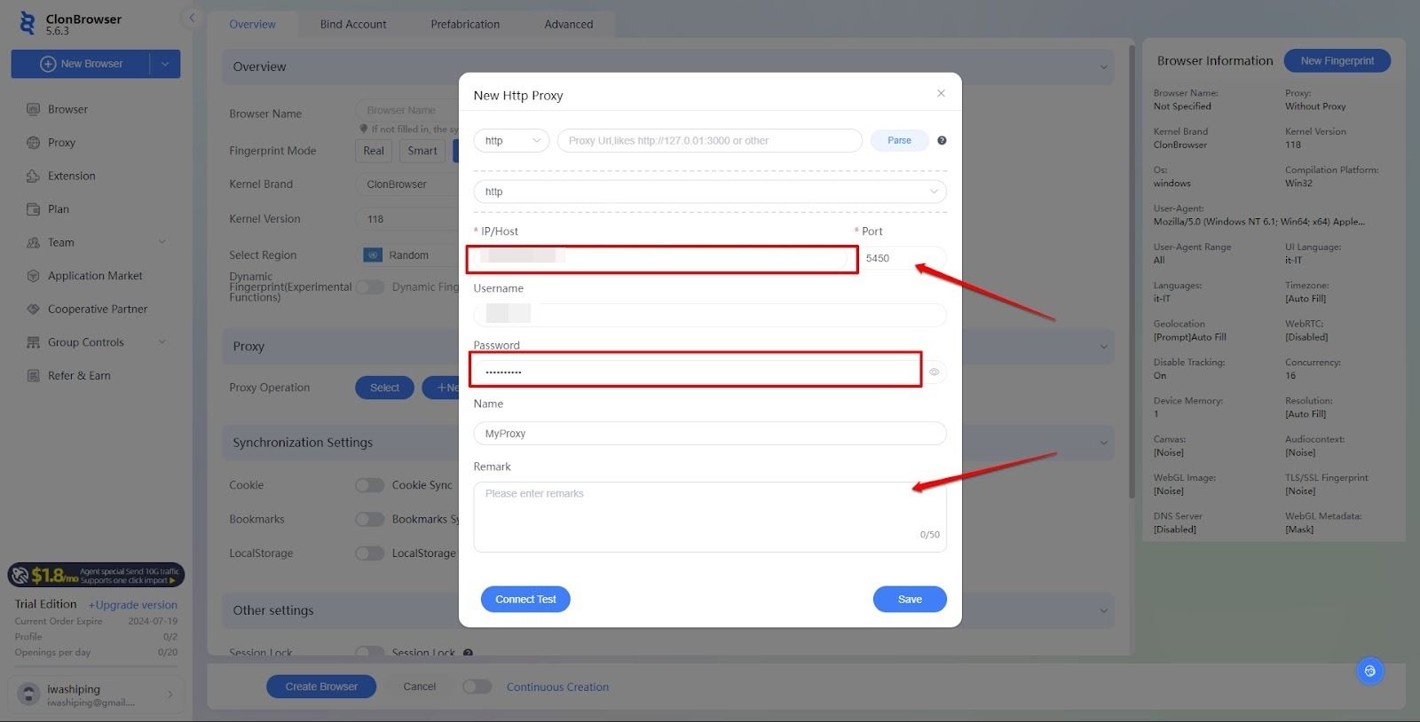 Manual proxy IP configuration in ClonBrowser