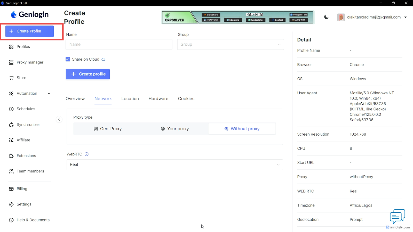 The Create Profile button on Genlogin