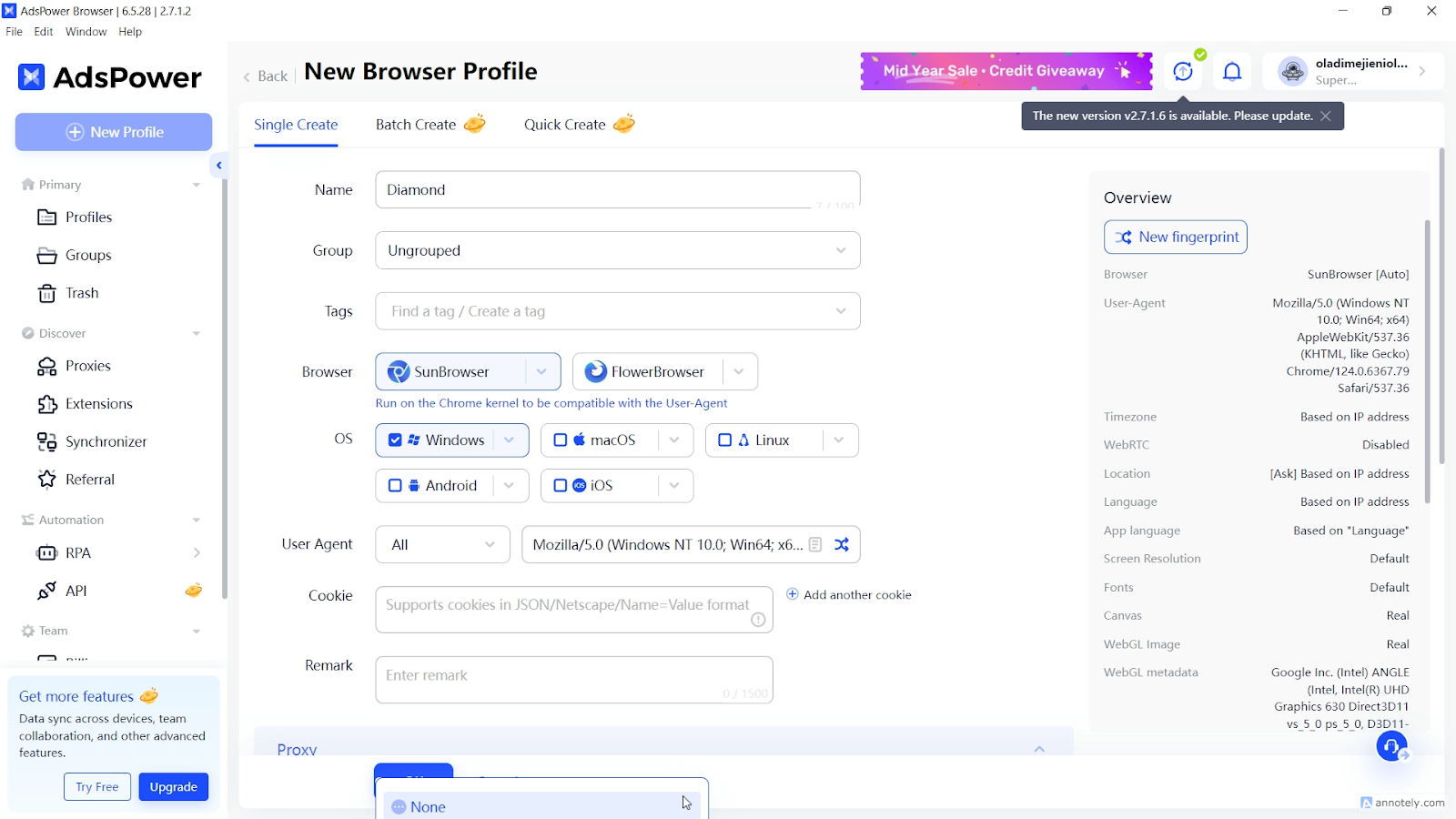 Profile setup page on AdsPower