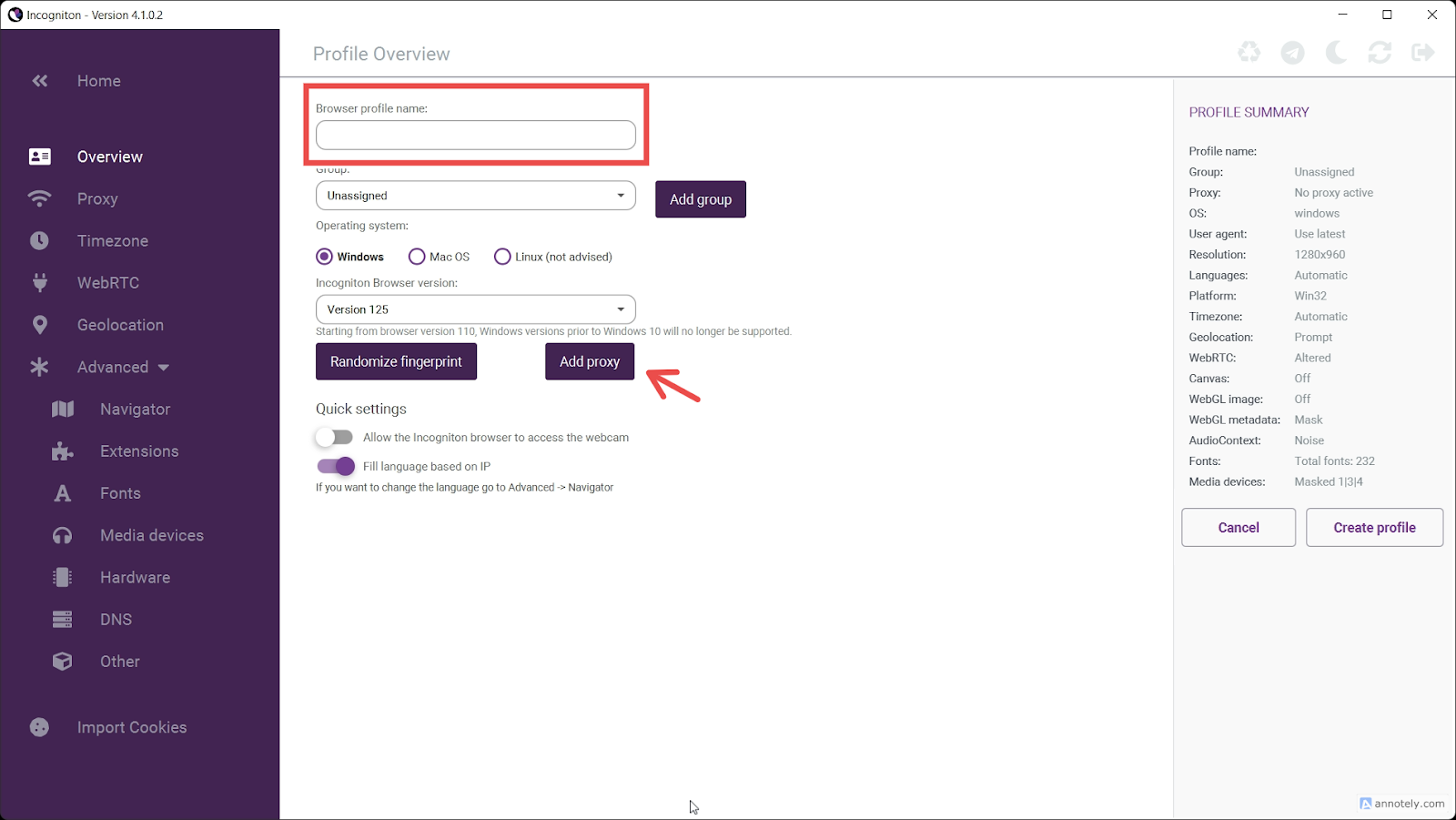 Your browser profile on the Incogniton app