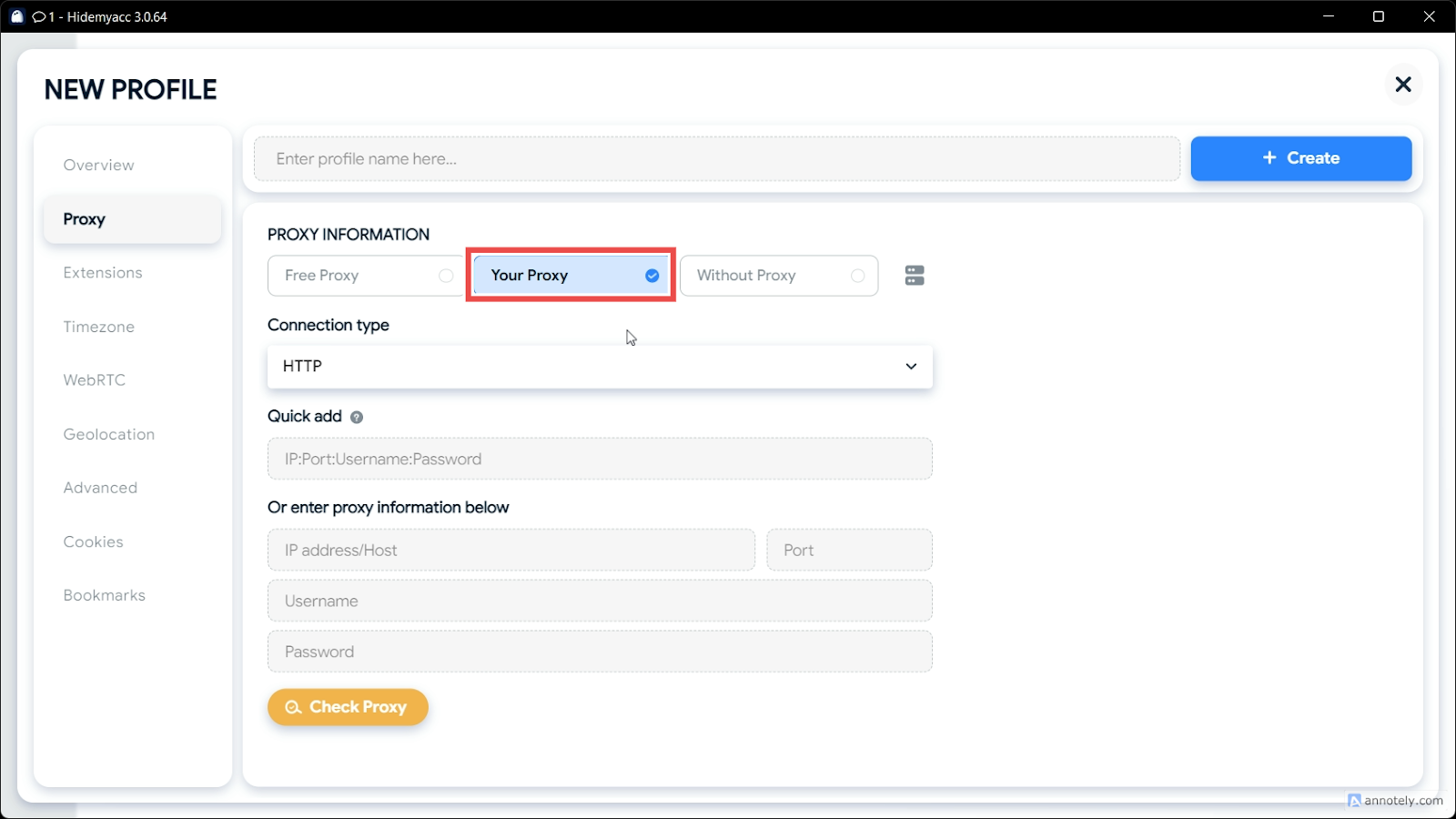 Proxy configuration section on the Hidemyacc app
