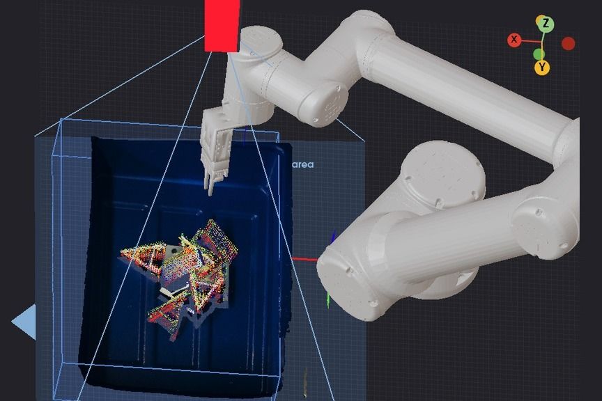 3Dビューア上のビンの点群、推定したワークの姿勢、ロボット