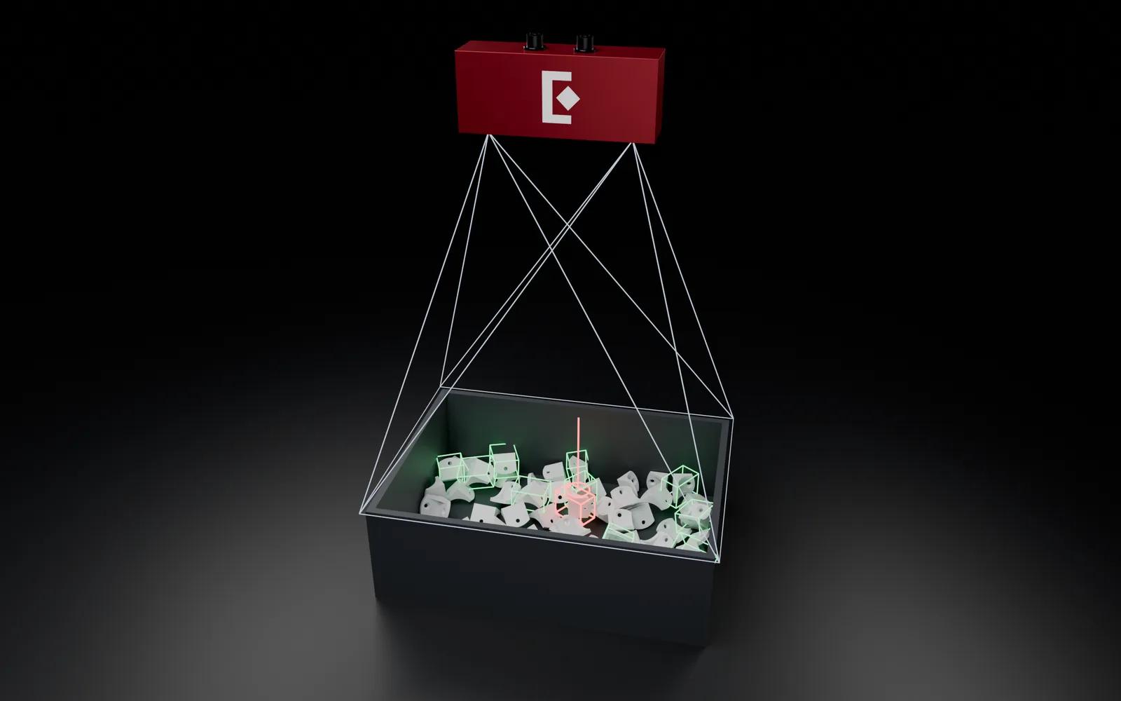 Eureka 3D Camera above a bin, with its field of view and detected parts