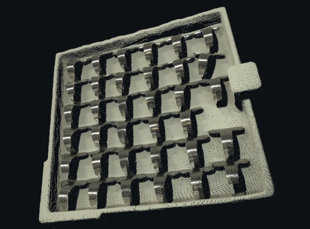 Point cloud of the same tray from the Eureka 3D Camera, with complete surfaces on the shiny clips