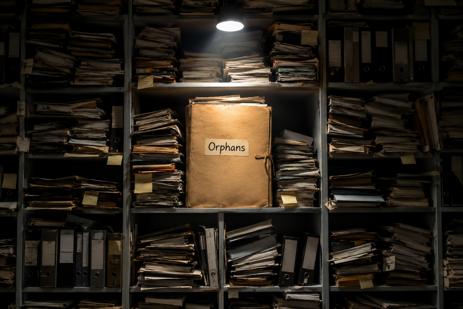 Überfülltes Archiv mit Ordnern und Akten. Ein beleuchteter Ordner „Orphans“ steht für eine unübersichtliche Testbasis.