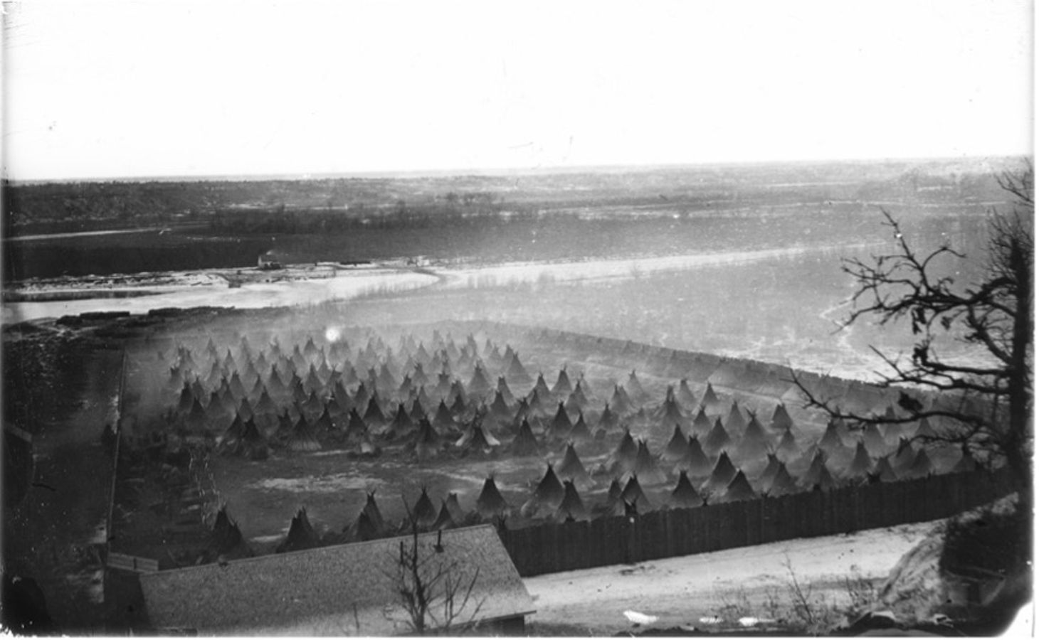 A photograph of Fort Snelling as internment camp imprisoning Dakota