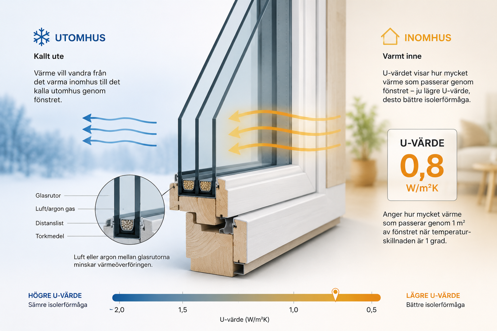 Infografik som förklarar U-värde för fönster – hur värme passerar genom glas och vad lägre U-värde betyder
