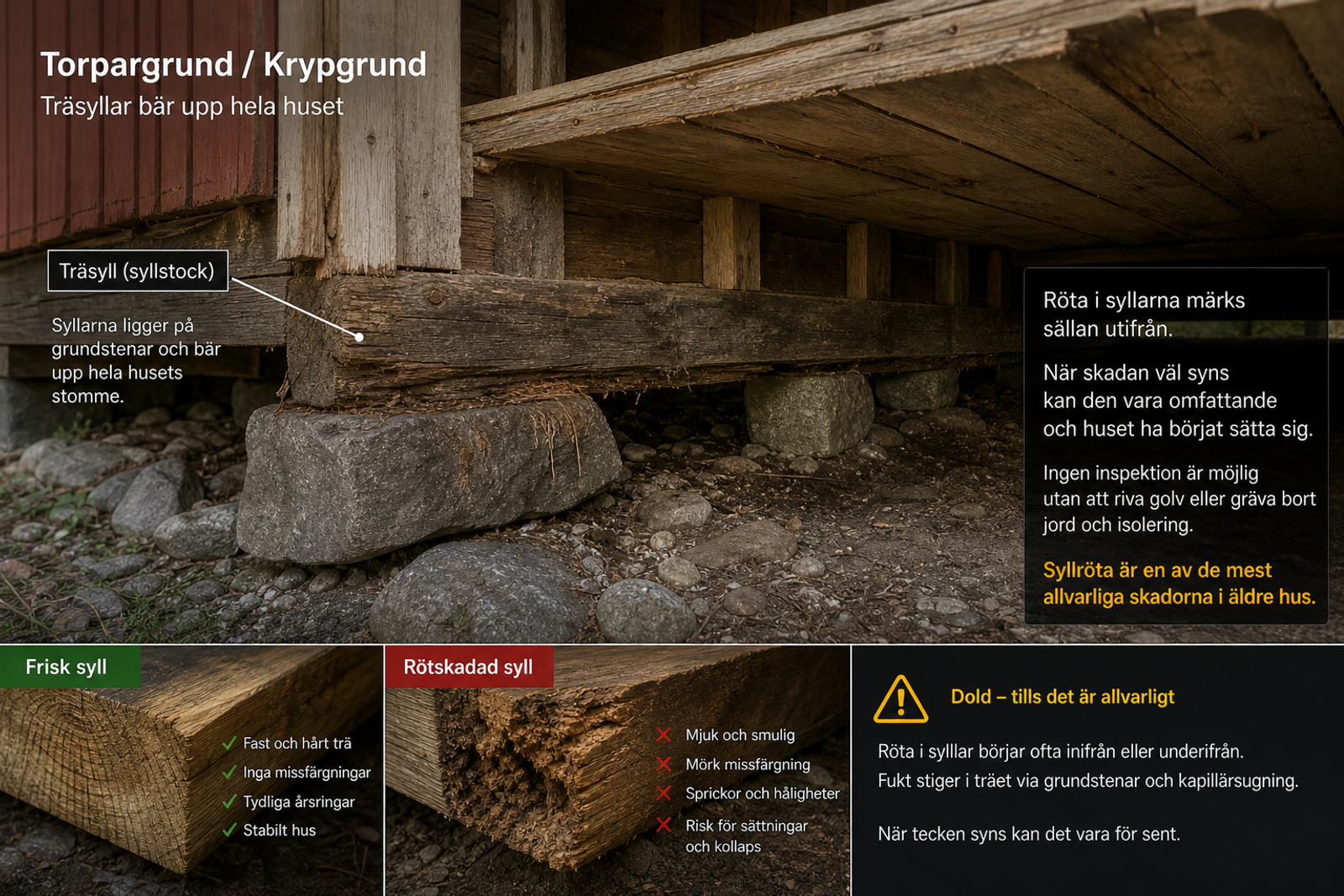 Krypgrund med bärande syllar i äldre hus