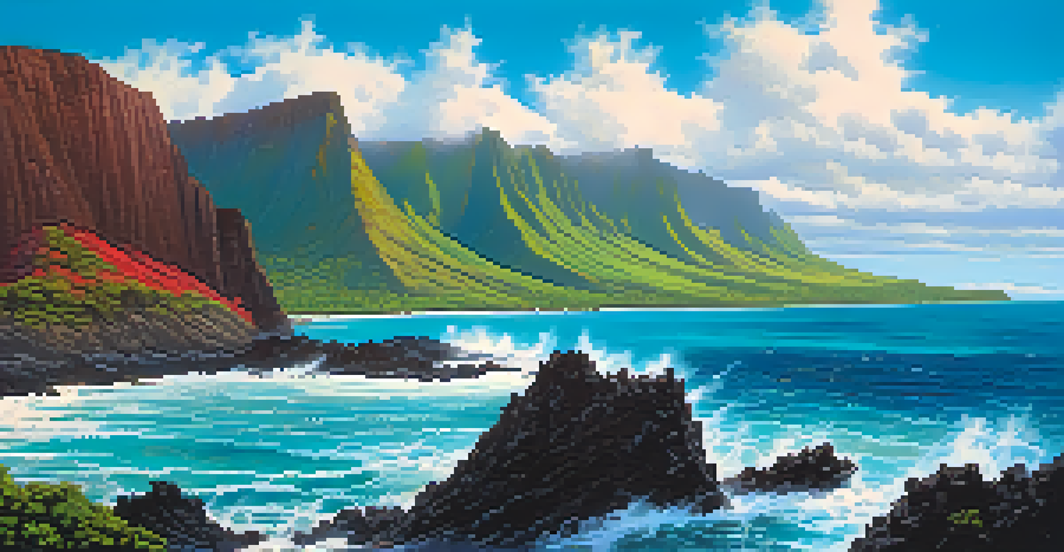 Panoramic view of Hawaiian coastline with dramatic cliffs and a dormant volcano in the distance.