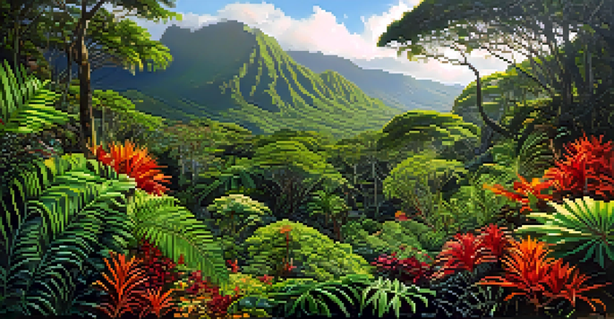 A vibrant Hawaiian rainforest with native plants and sunlight filtering through the canopy, creating a lively and colorful scene.