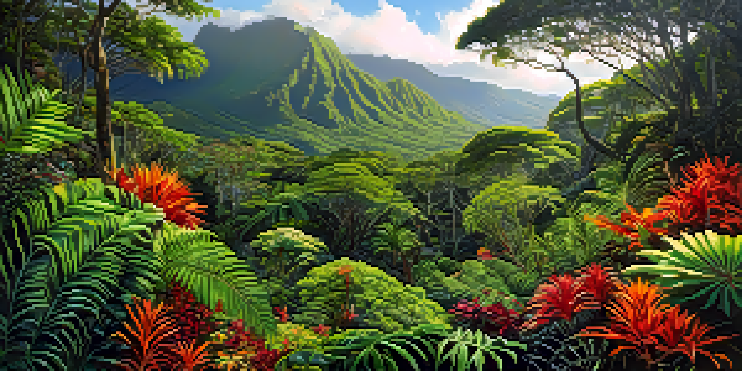 A vibrant Hawaiian rainforest with native plants and sunlight filtering through the canopy, creating a lively and colorful scene.