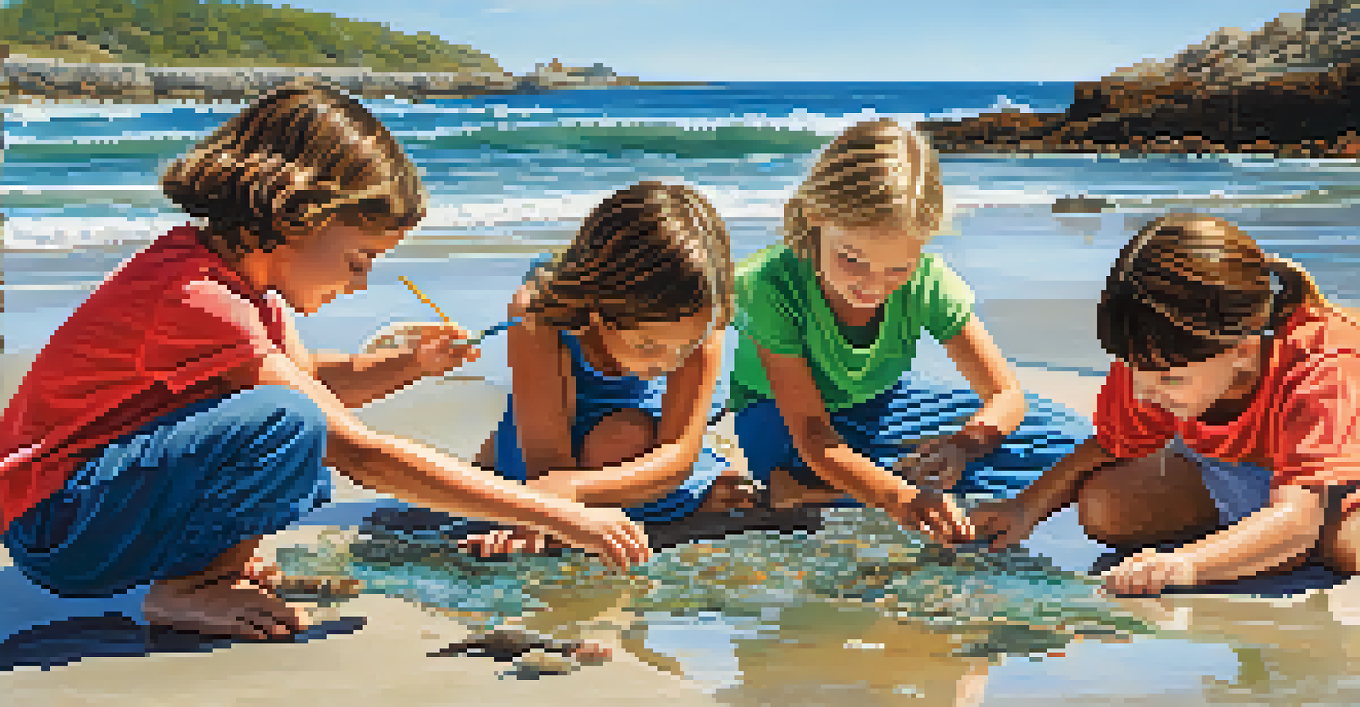Children on a beach examining marine life in tide pools during a coastal education program.