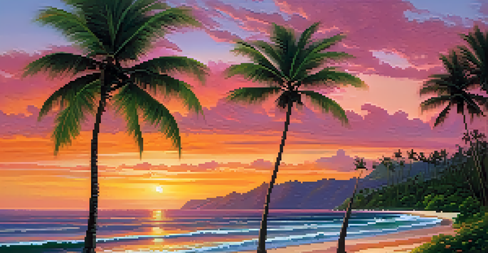 A beautiful Hawaiian beach at sunset, featuring vibrant colors in the sky and calm ocean waters, with palm trees in the foreground.