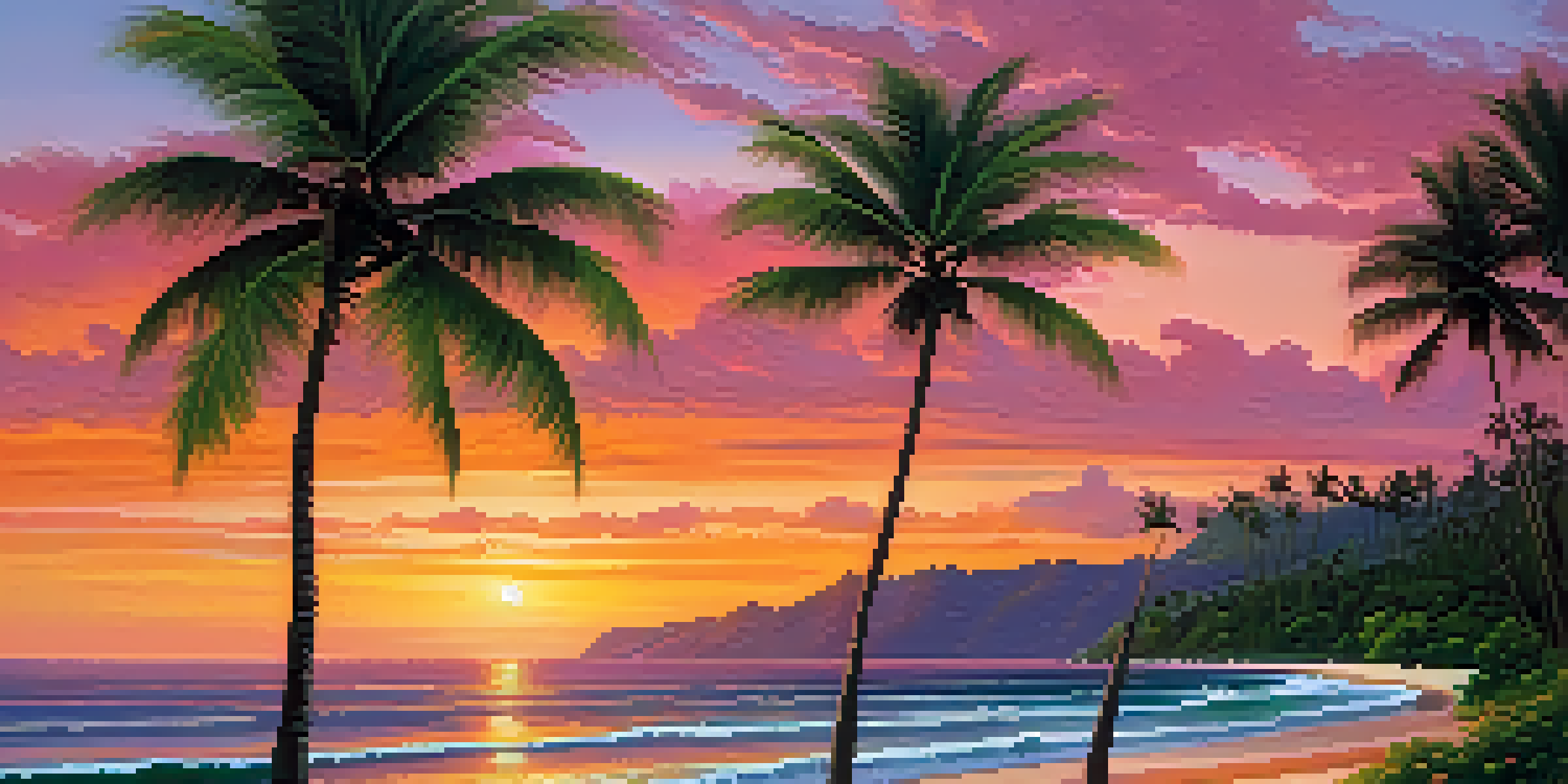 A beautiful Hawaiian beach at sunset, featuring vibrant colors in the sky and calm ocean waters, with palm trees in the foreground.