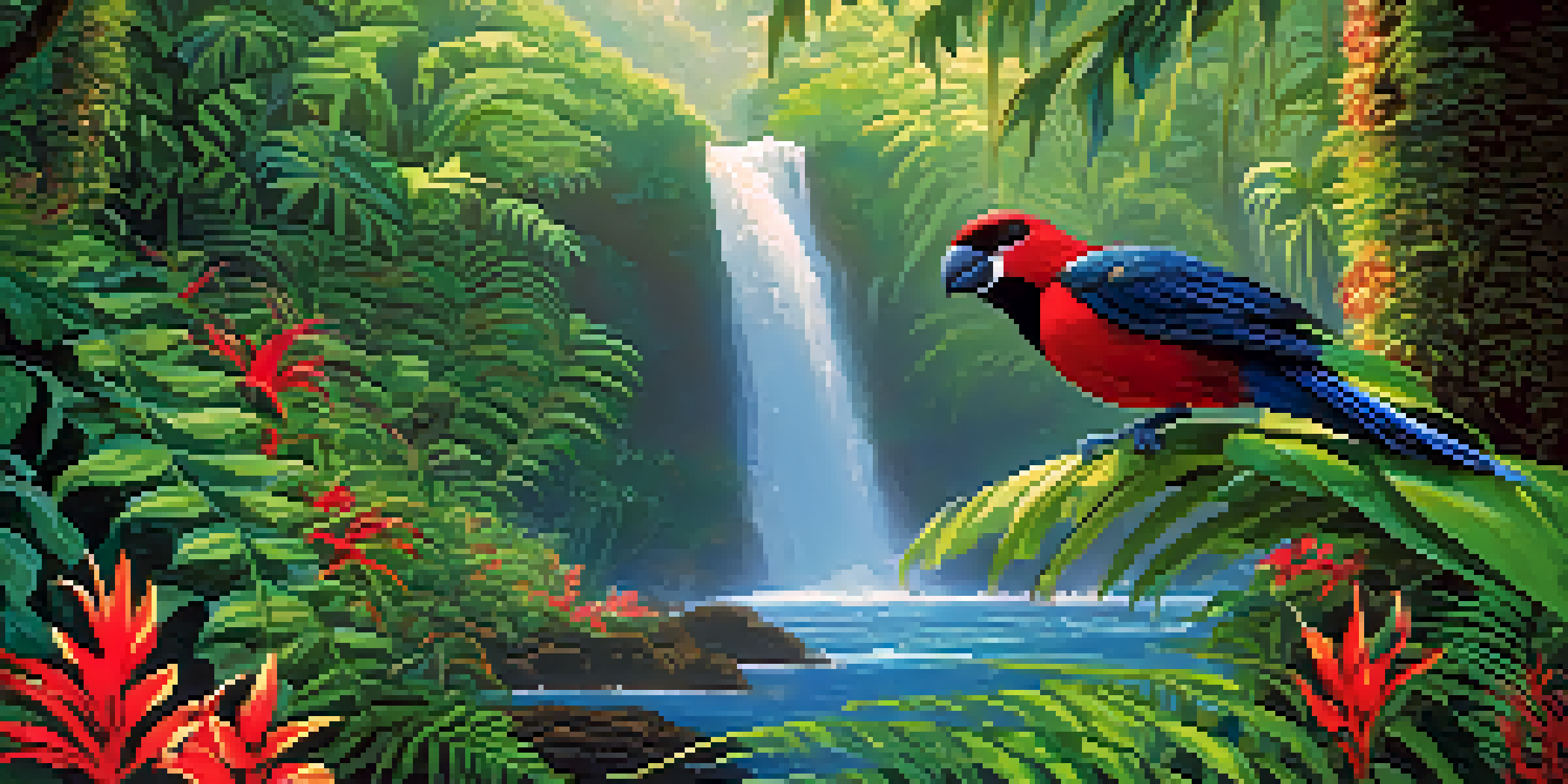 A Hawaiian rainforest with vibrant greenery, colorful flowers, and a bright red ʻIʻiwi bird perched on a branch near a waterfall.