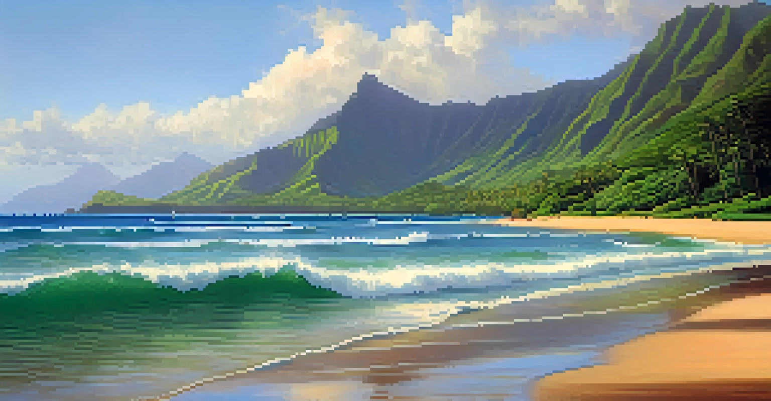 A peaceful morning view of Hanalei Bay with surfers and green mountains in the background.
