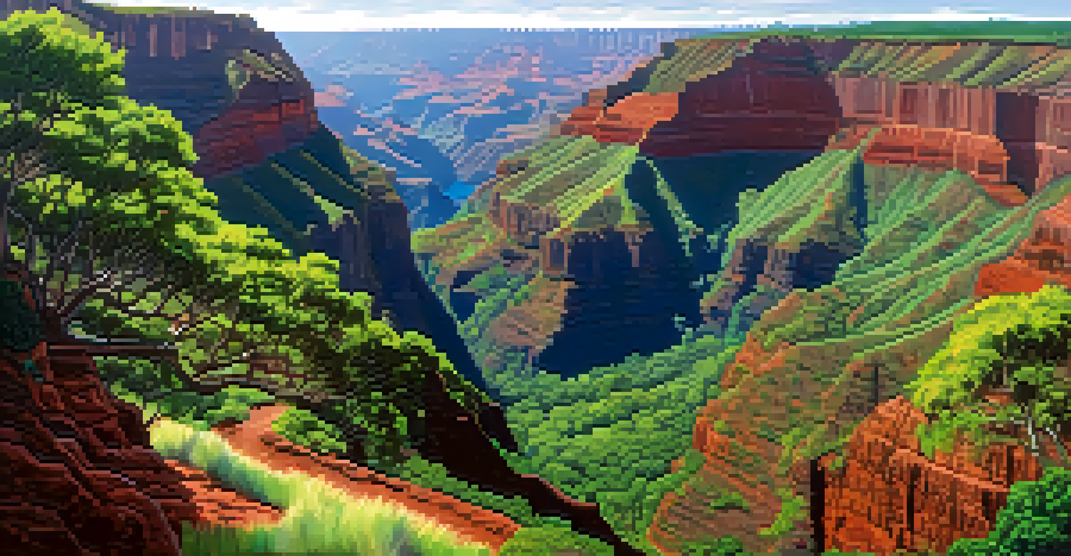 A colorful panorama of Waimea Canyon, showcasing vibrant canyon walls and lush greenery with a hiking trail and waterfall.