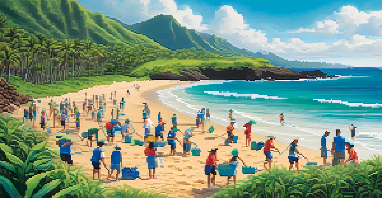 Volunteers participating in a beach clean-up event in Hawaii, with a beautiful ocean and hills in the background.