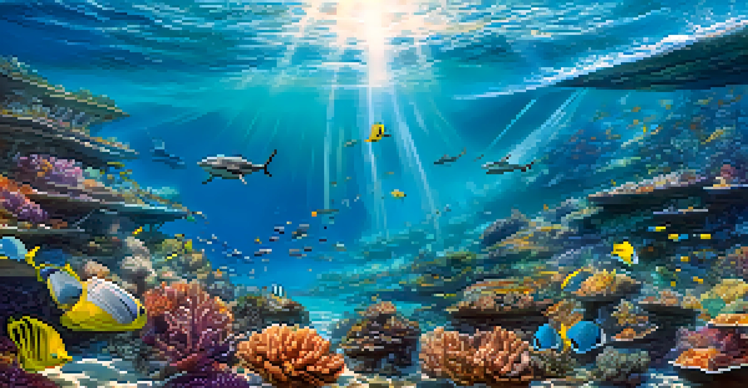 Wave energy converters floating in the ocean, surrounded by clear waters and coral reefs on a sunny day.