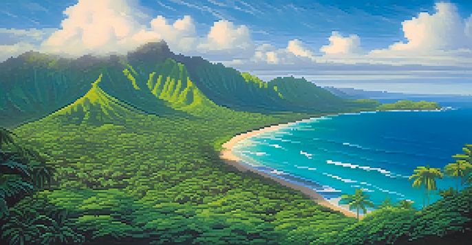 Aerial view of Hawaii's rainforests and beaches with green foliage and deep blue ocean under sunlight.