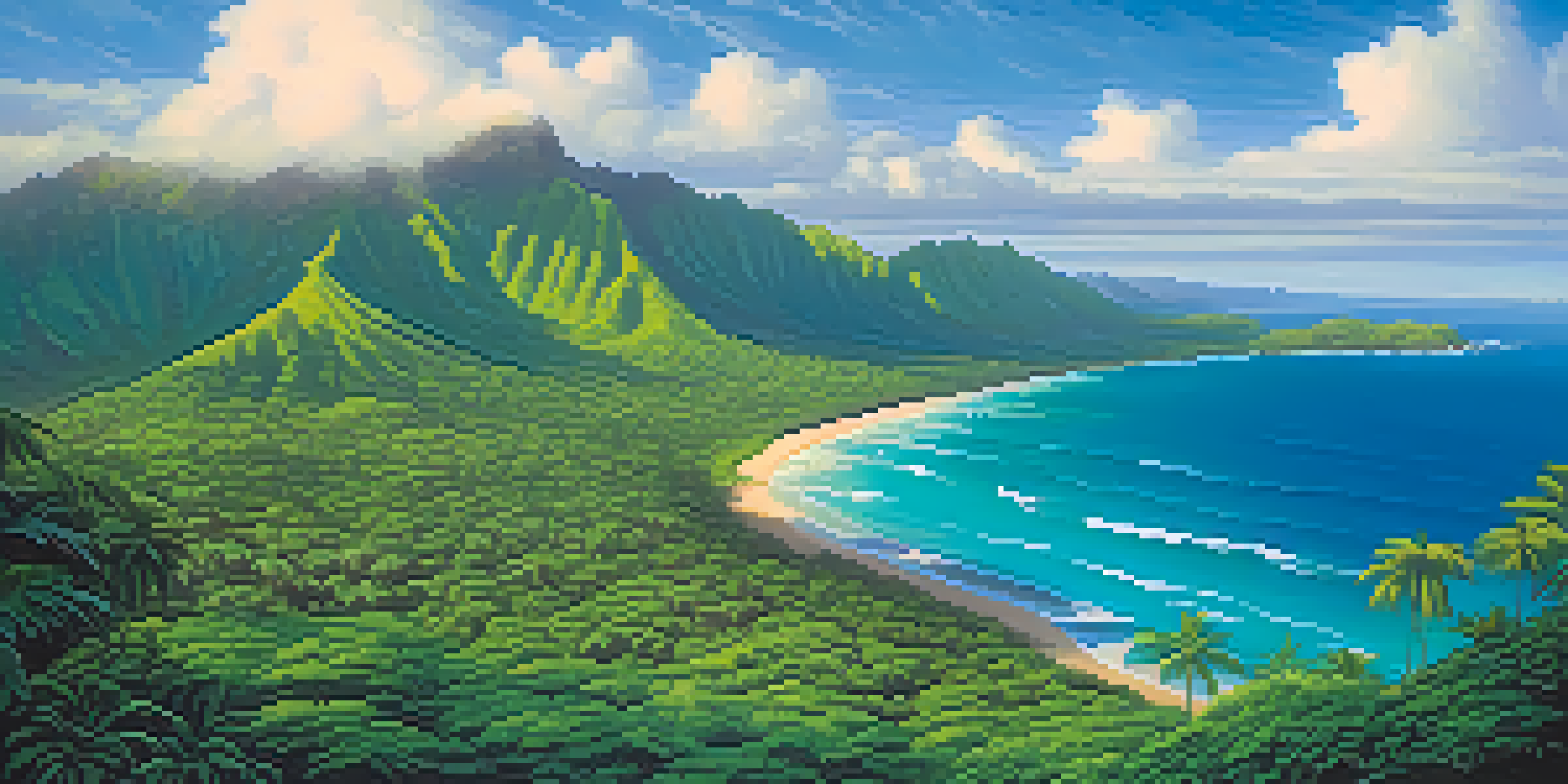 Aerial view of Hawaii's rainforests and beaches with green foliage and deep blue ocean under sunlight.