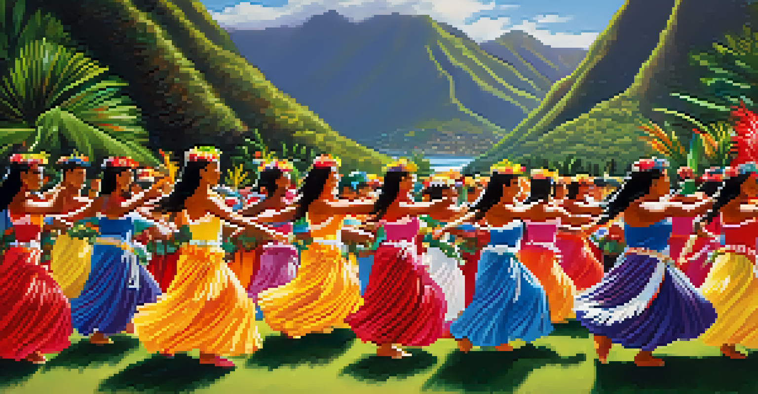 A lively Hawaiian cultural festival showcasing traditional dancers in vibrant clothing and a festive atmosphere.
