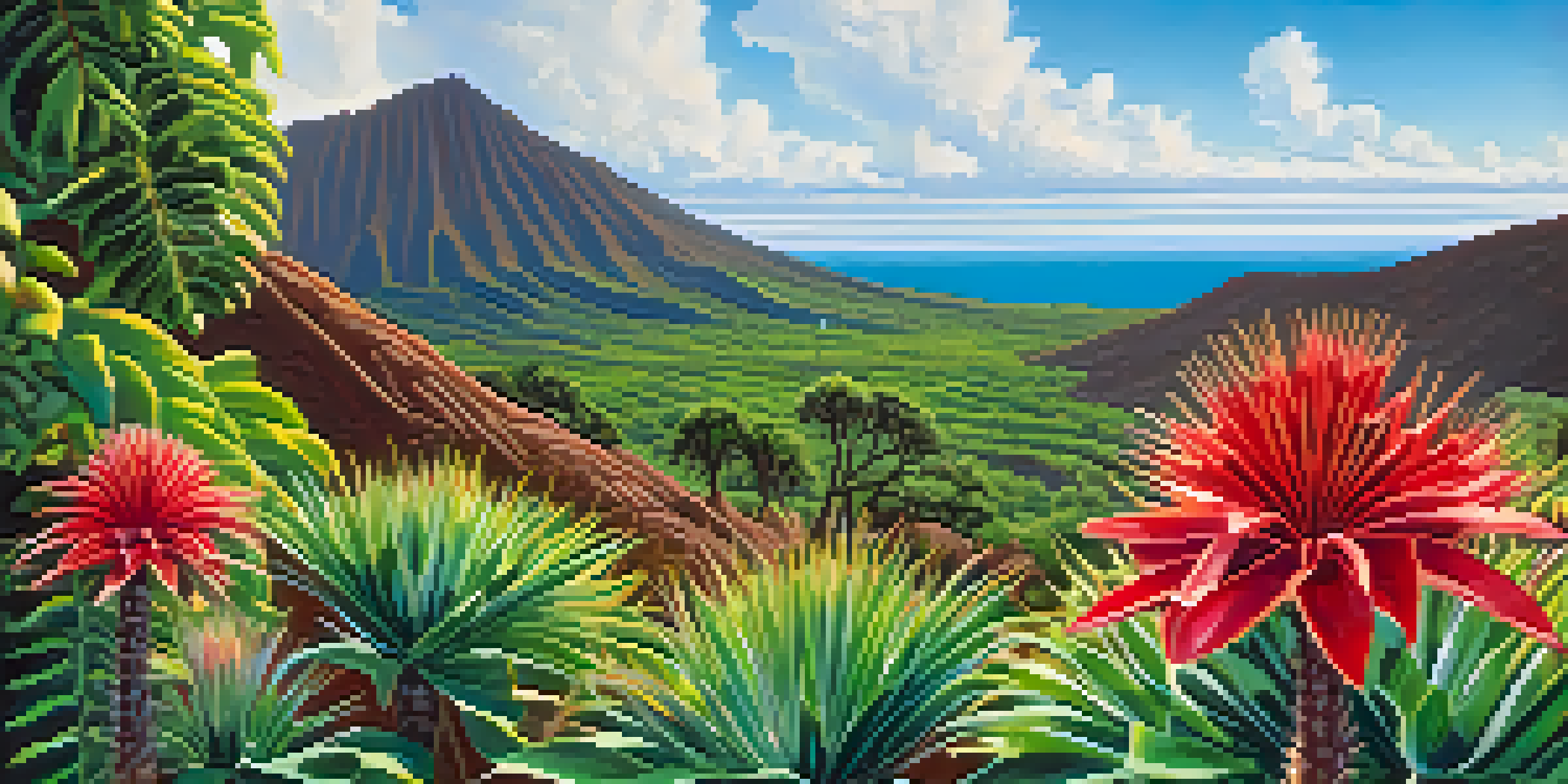 A colorful Hawaiian landscape featuring the silversword plant, hibiscus flowers, and native birds under a blue sky.