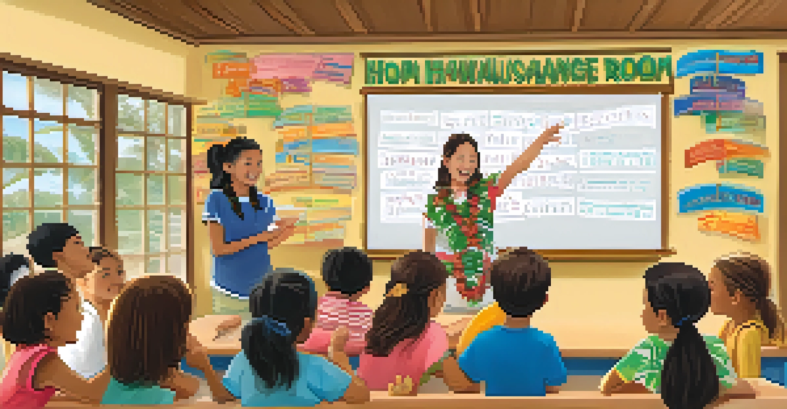 A classroom filled with children learning Hawaiian language with cultural decorations and an enthusiastic teacher.