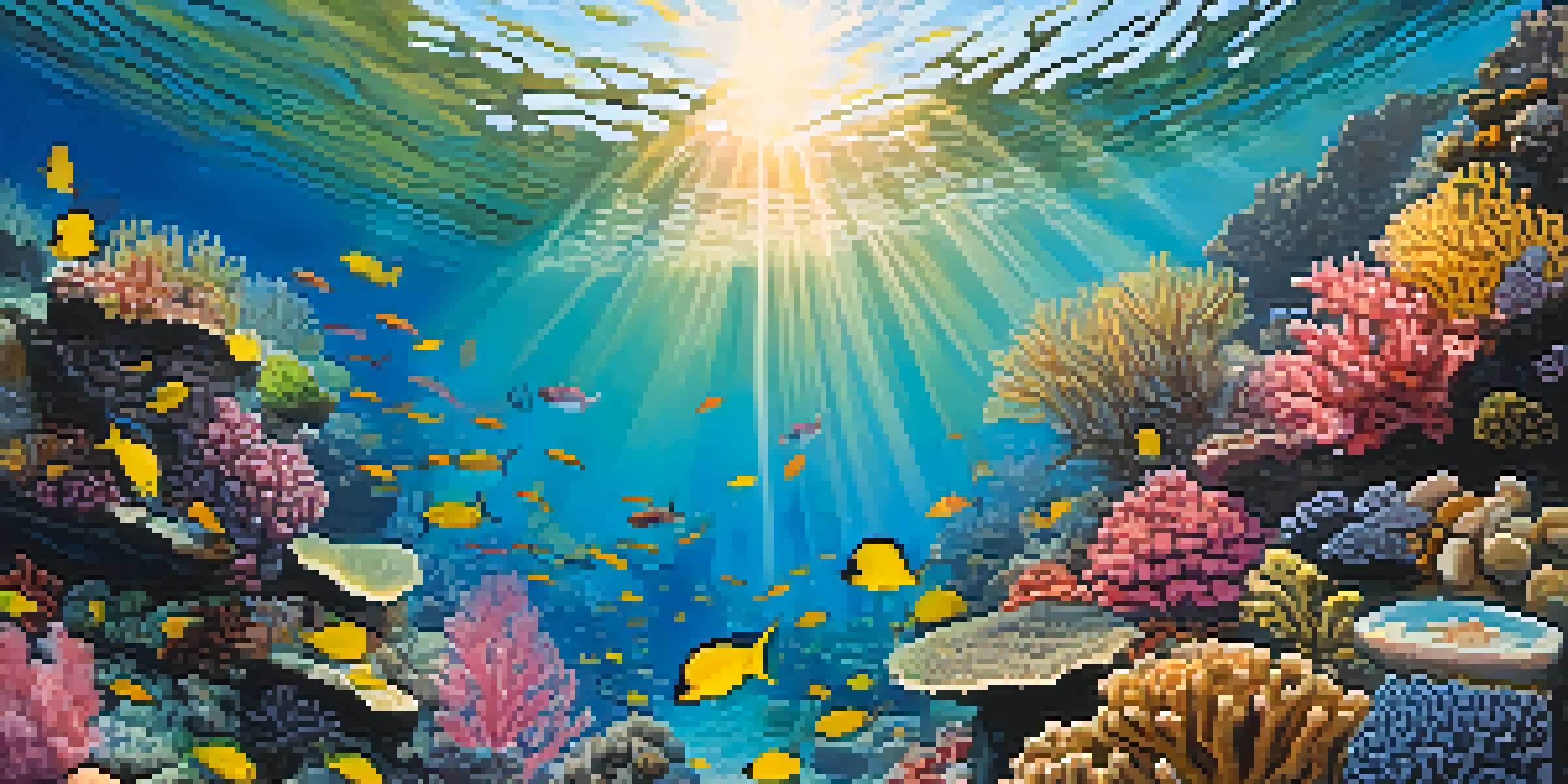 An underwater view of a coral reef in Hawaii, featuring colorful fish and sunlight filtering through the water.