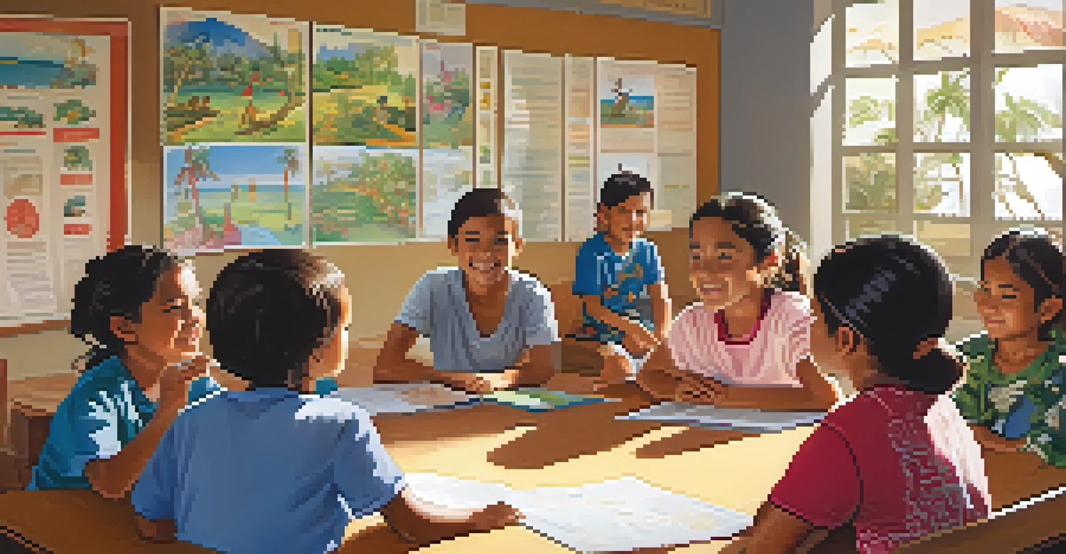 Children participating in a Hawaiian language class with a teacher, surrounded by educational posters.