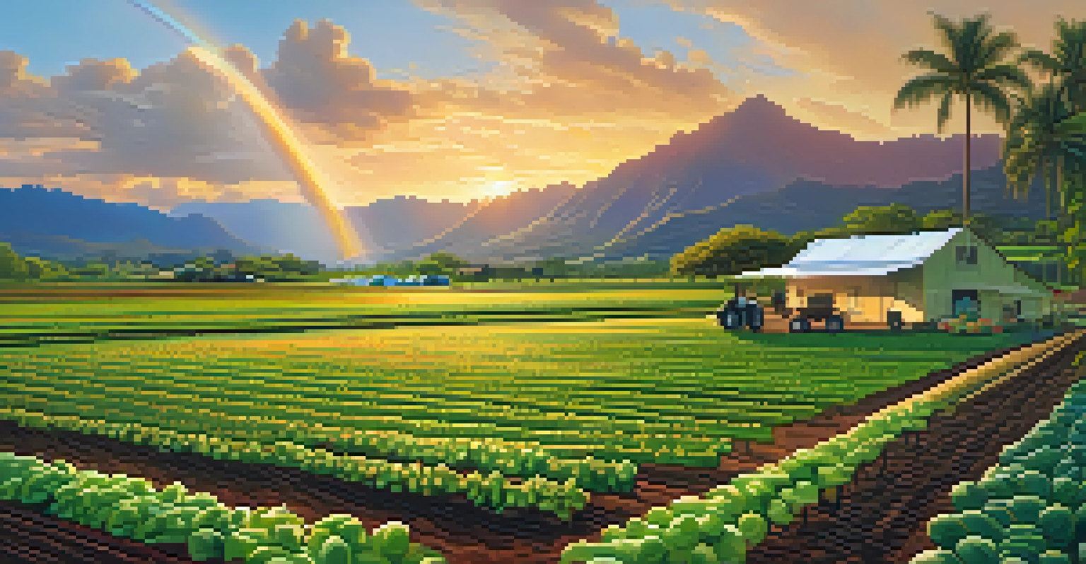 A sustainable Hawaiian farm with farmers working in the fields, a traditional house in the background, and a rainbow over the mountains at sunset.