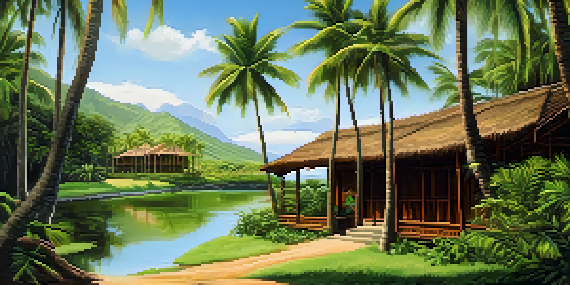 A scenic view of Puʻuhonua o Hōnaunau National Historical Park in Hawaii, showcasing traditional wooden structures amidst lush greenery and clear blue skies.
