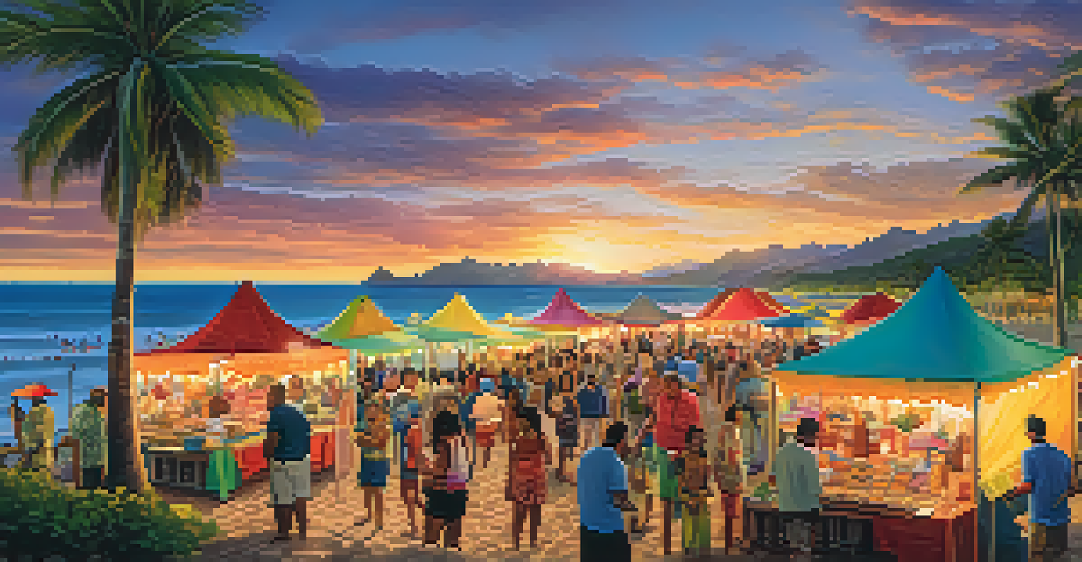 A community event in Hawaii with locals and remote workers interacting at colorful tents by the beach during sunset.