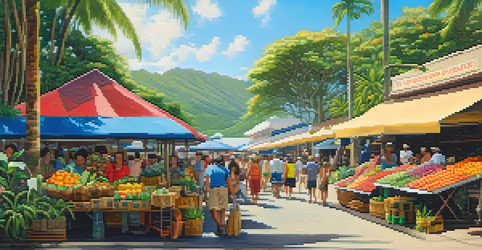 Vibrant Hawaiian marketplace with artisans, flowers, and fruits, surrounded by lush greenery and blue sky.