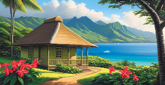 A tranquil Hawaiian landscape featuring green mountains and a blue ocean, with a traditional Hawaiian schoolhouse in the foreground surrounded by colorful native flowers.