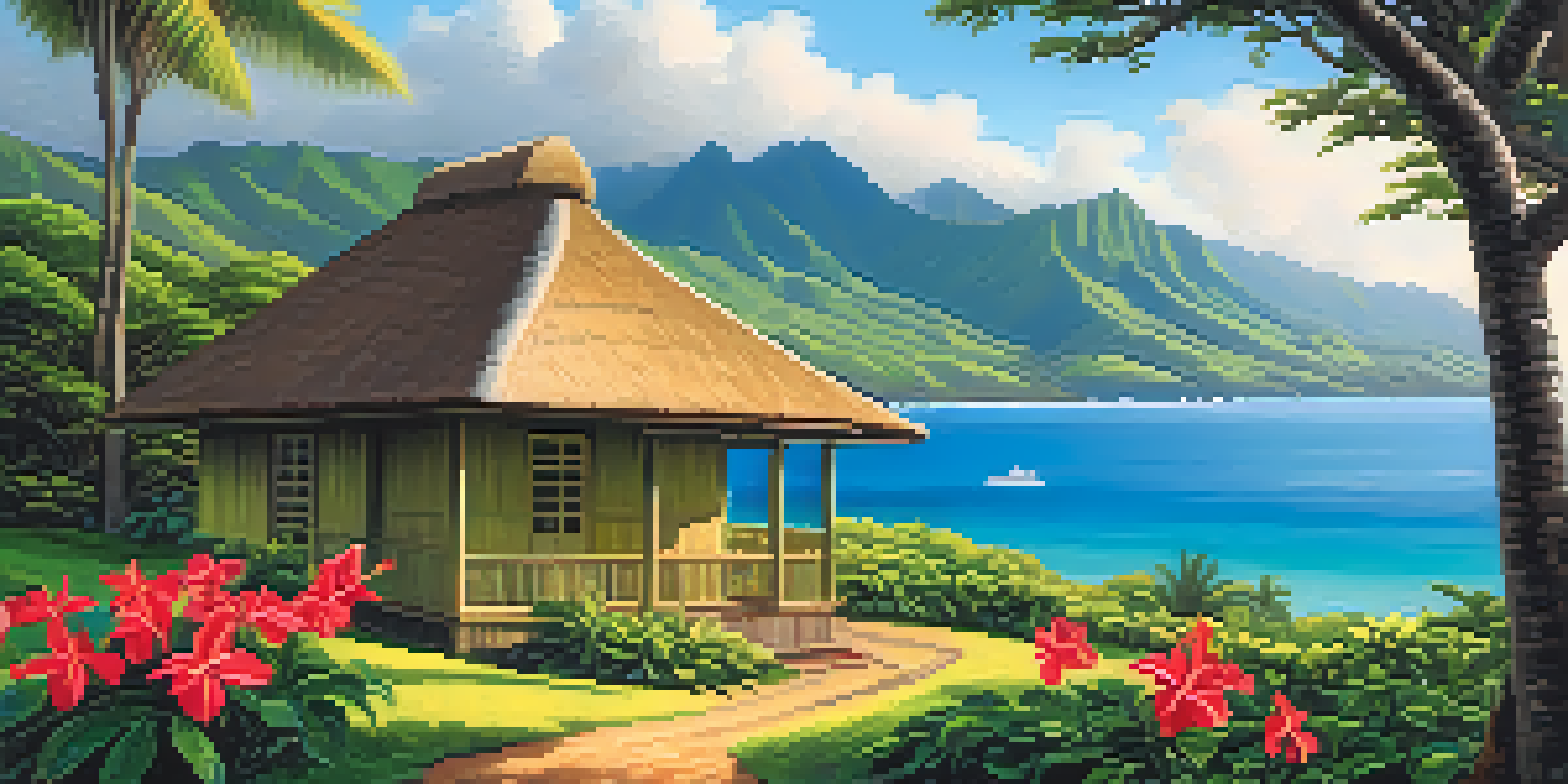 A tranquil Hawaiian landscape featuring green mountains and a blue ocean, with a traditional Hawaiian schoolhouse in the foreground surrounded by colorful native flowers.