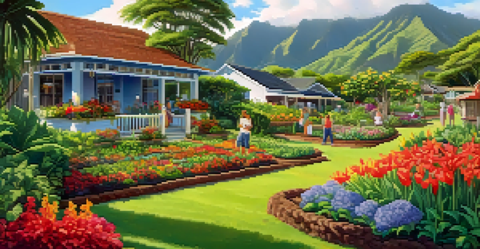 A community garden in Hawaii with families gardening together, surrounded by colorful flowers and bright green plants under a sunny sky.