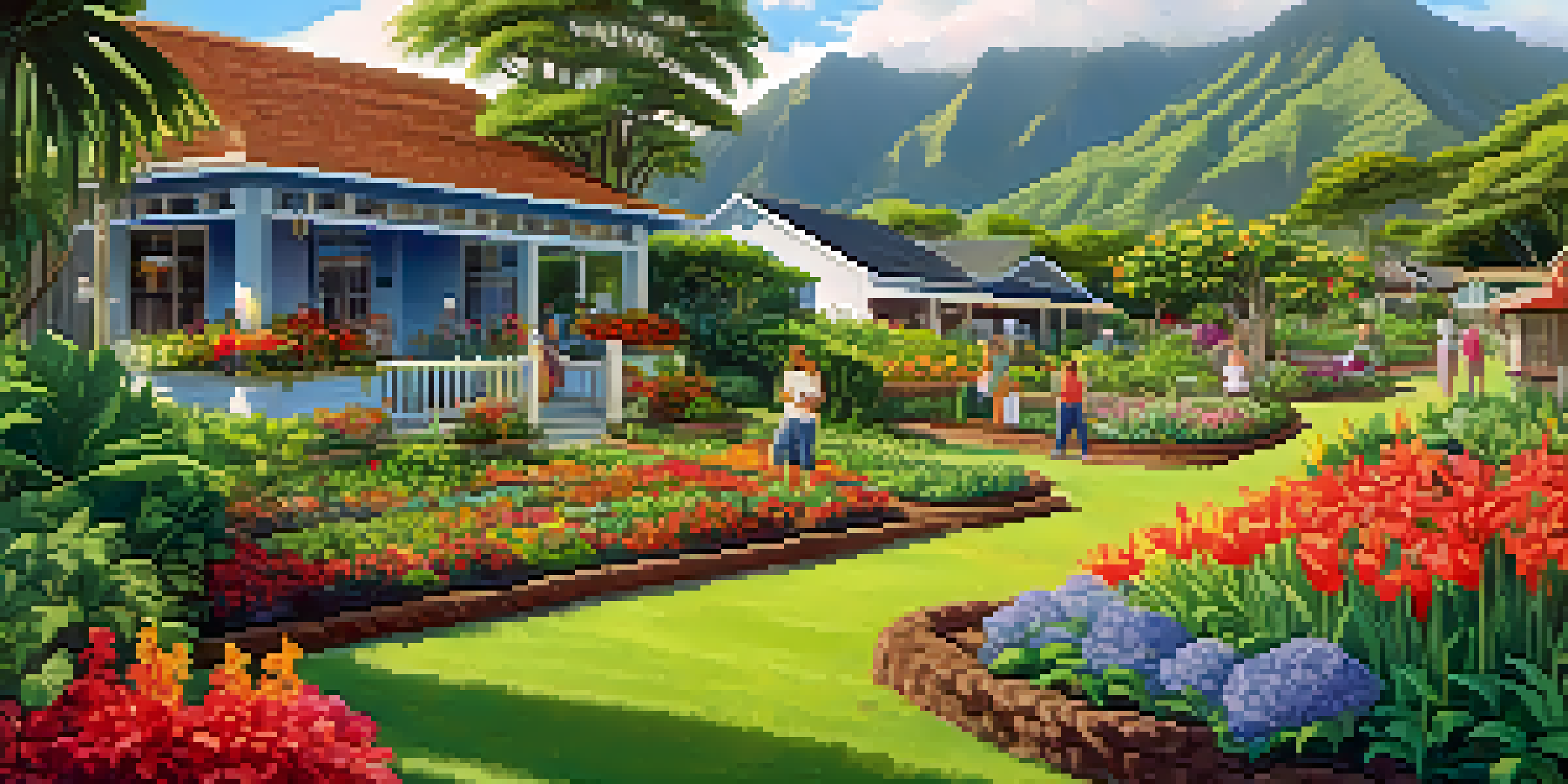 A community garden in Hawaii with families gardening together, surrounded by colorful flowers and bright green plants under a sunny sky.