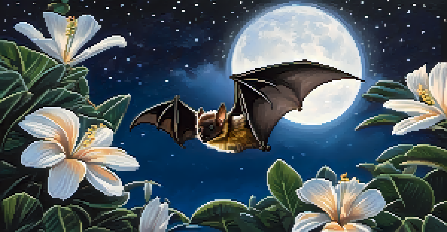 A night scene with a Hawaiian hoary bat flying near a large white flower, illuminated by moonlight against a starry sky.
