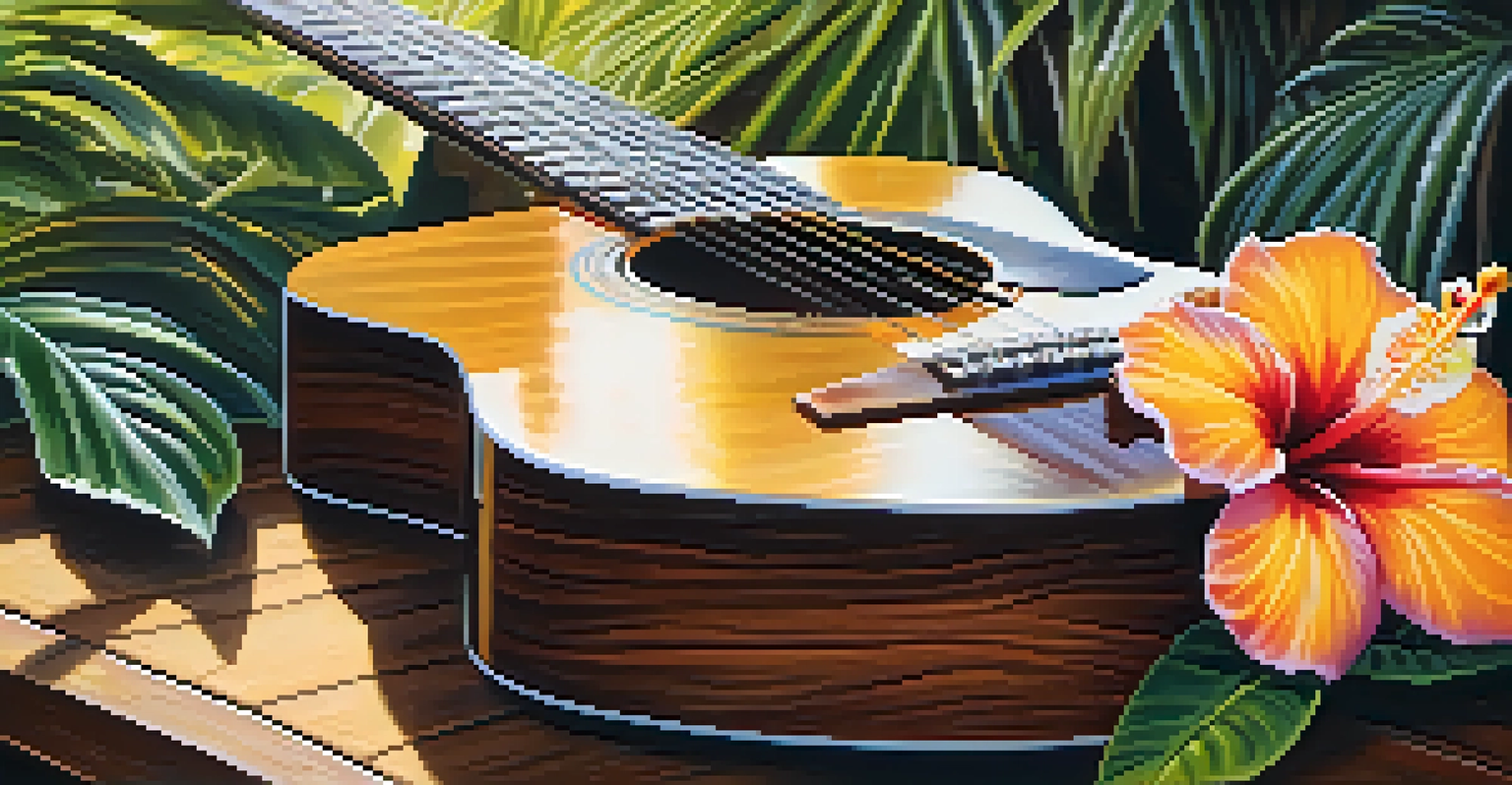 A close-up of a slack-key guitar with tropical flowers and soft morning light.