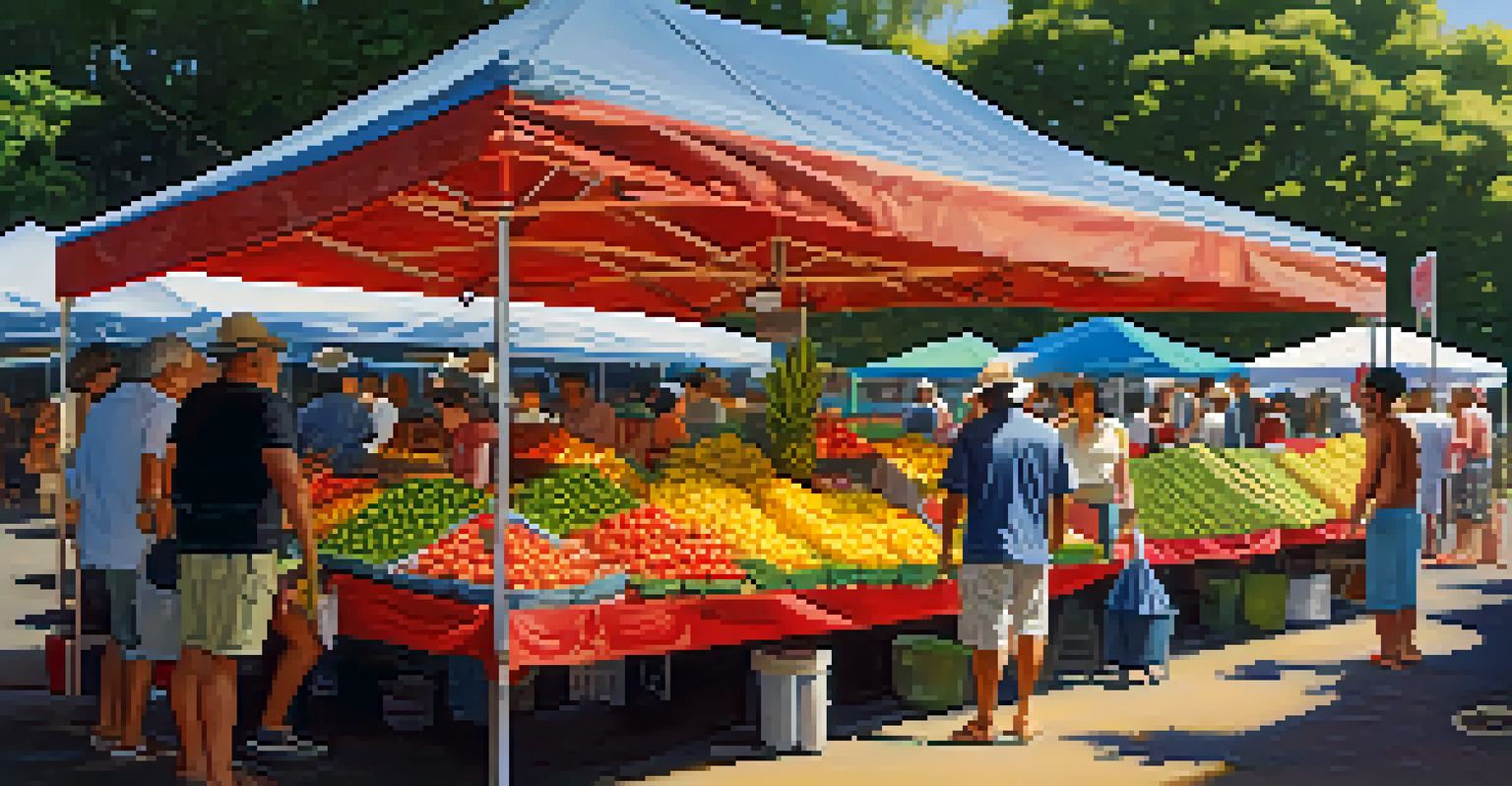 A busy Hawaiian farmers market with stalls of colorful tropical fruits and customers interacting with farmers under warm sunlight.