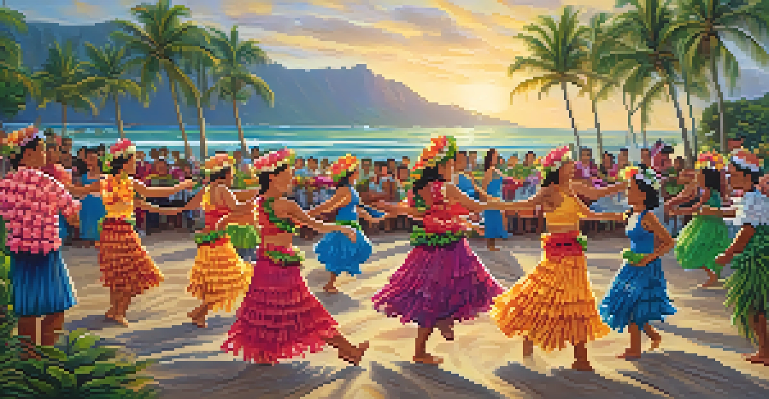 A joyful Hawaiian community gathering with traditional dance, colorful leis, and a beautiful ocean backdrop.