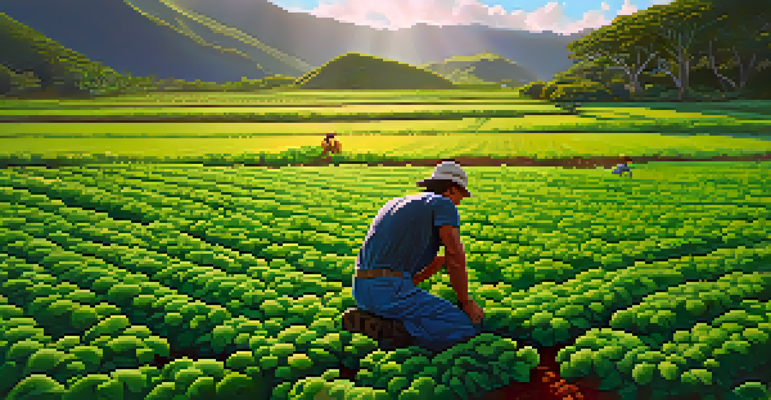 A close-up view of a sustainable Hawaiian farm with vibrant green cover crops and a farmer inspecting the plants, showcasing healthy soil and sunlight filtering through the leaves.