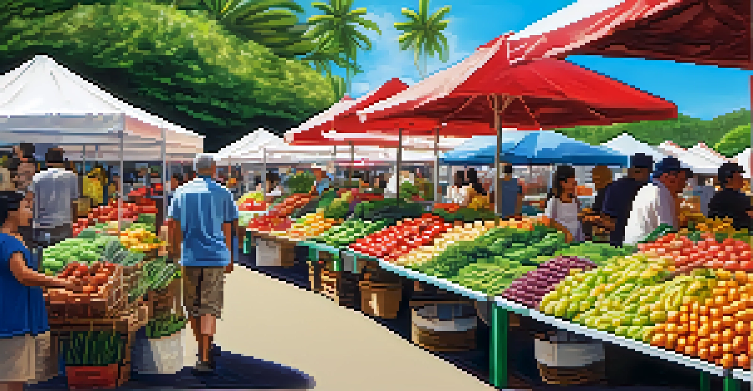 A lively Hawaiian farmer's market with colorful fruits and vegetables, vendors, and tropical plants in the background.