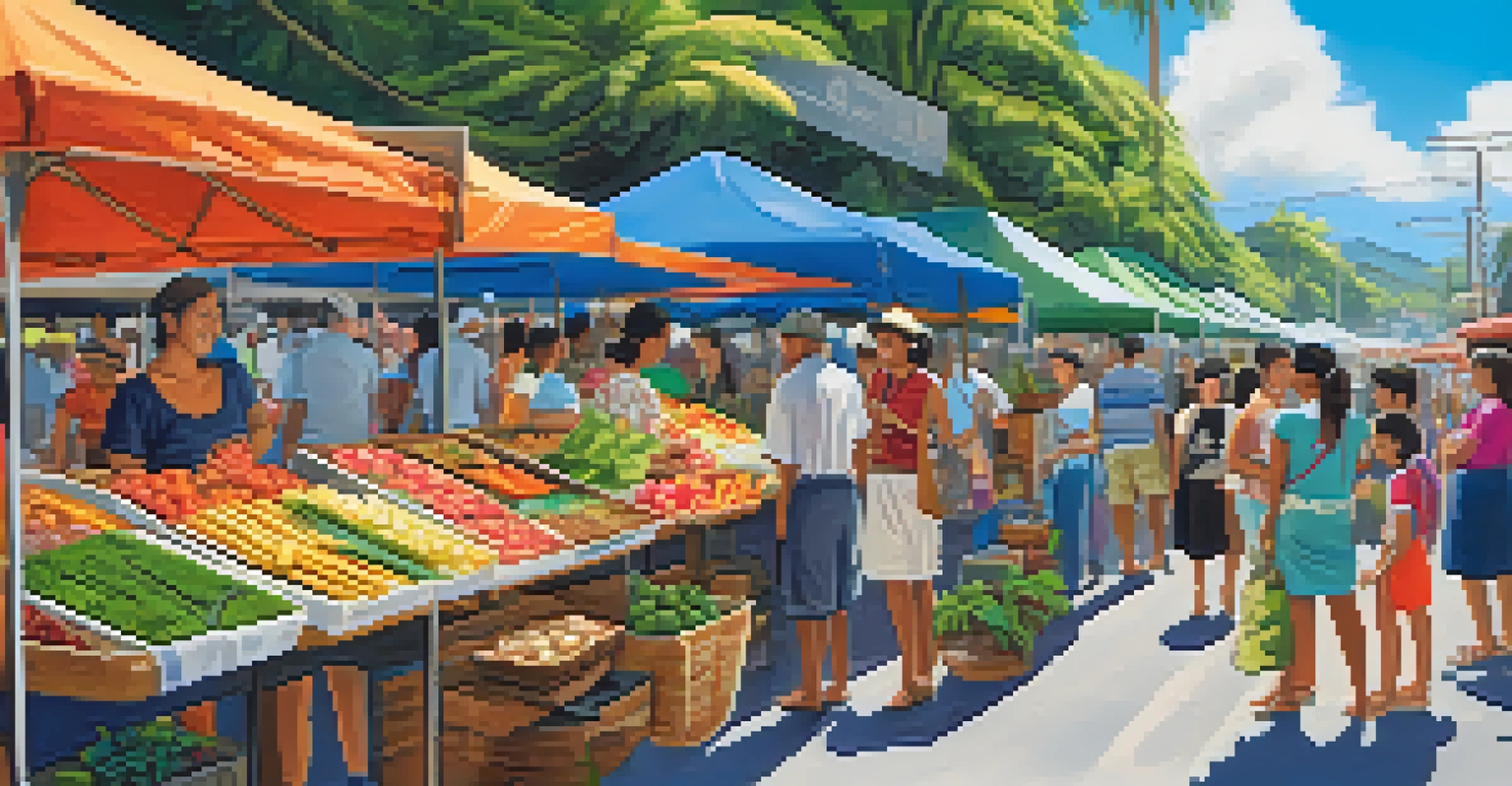 A lively Hawaiian street market with locals selling crafts and produce, and tourists enjoying the atmosphere.